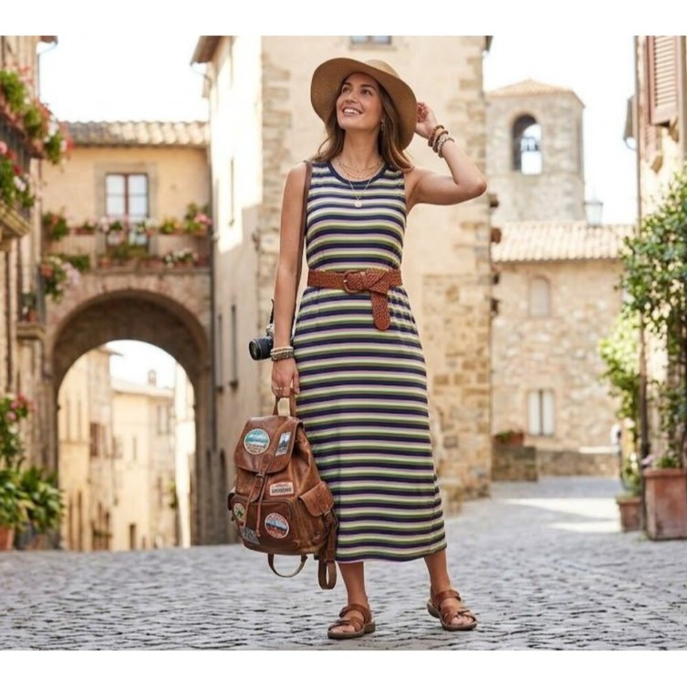 Time & Tru Multi Stripe Sleeveless Tank Dress Large 12-14 Rayon With Pockets